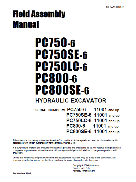 Komatsu Pc750-6, Pc750lc-6, Pc800-6 Excavator Service Manual