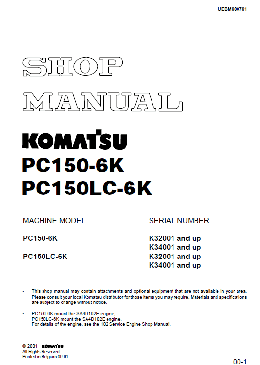 Komatsu Pc150-6k, Pc150lc-6k Excavator Service Manual