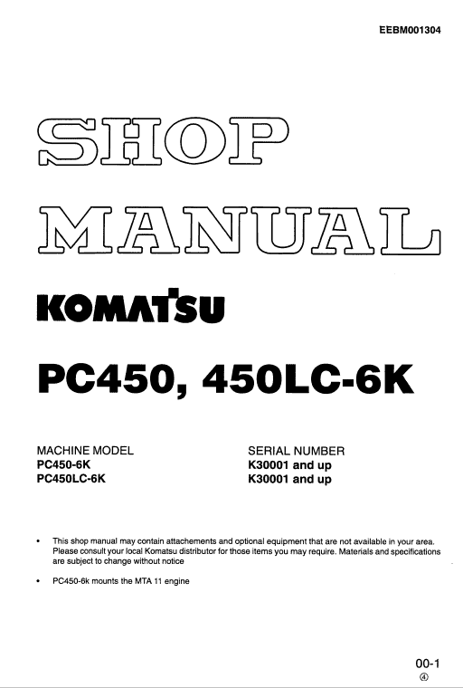 Komatsu Pc450-6, Pc450lc-6, Pc450-6k, Pc450lc-6k Excavator Manual