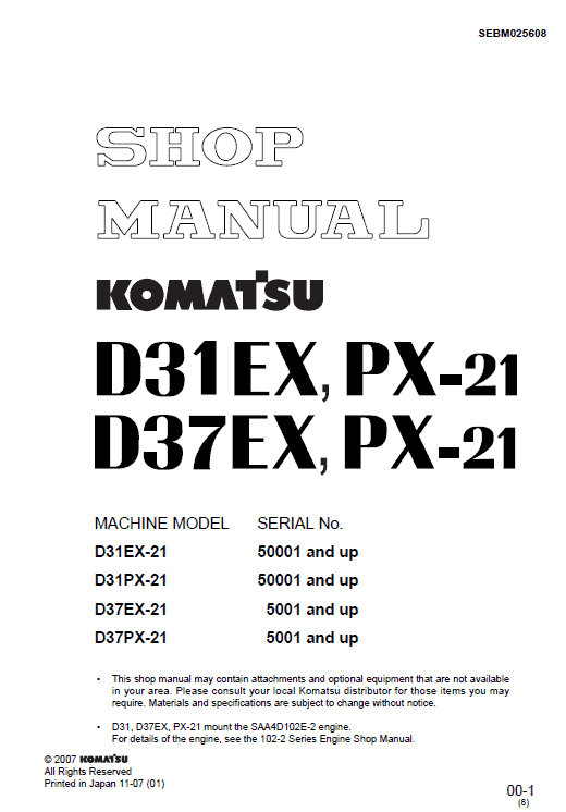 Komatsu D31ex-21, D31px-21, D37ex-21, D37px-21 Dozer Manual