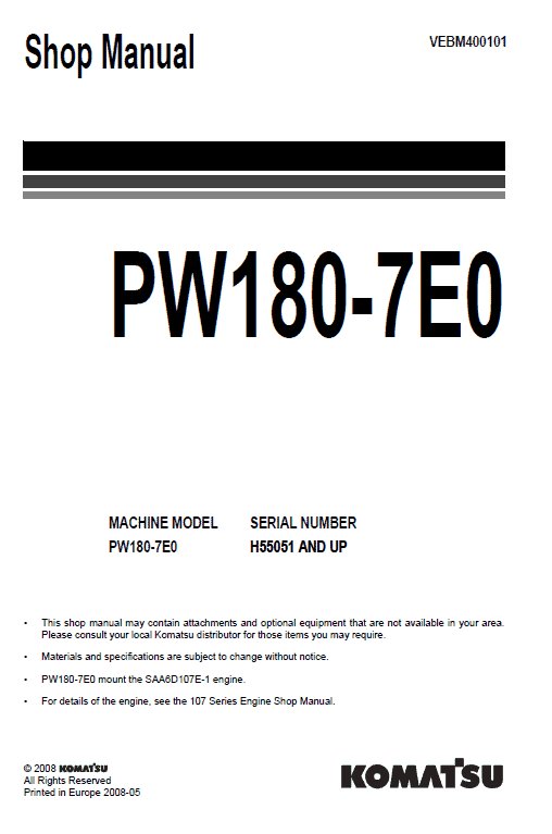 Komatsu Pw180-7e0 Excavator Service Manual