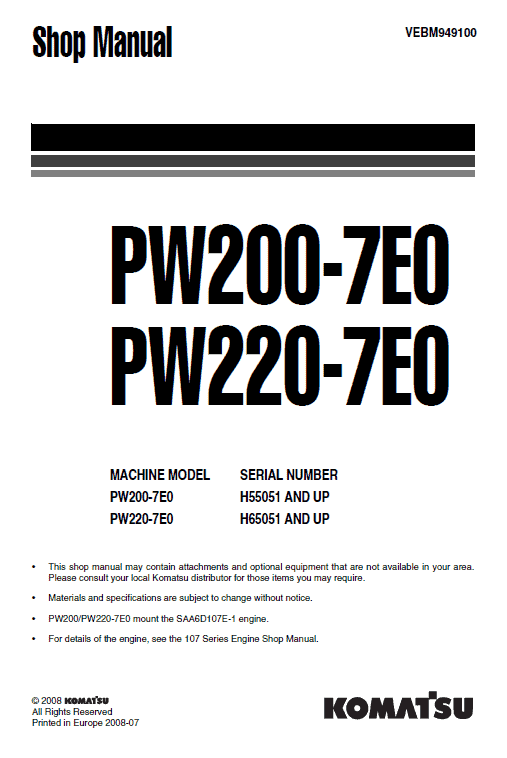 Komatsu Pw200-7 And Pw220-7 Excavator Service Manual