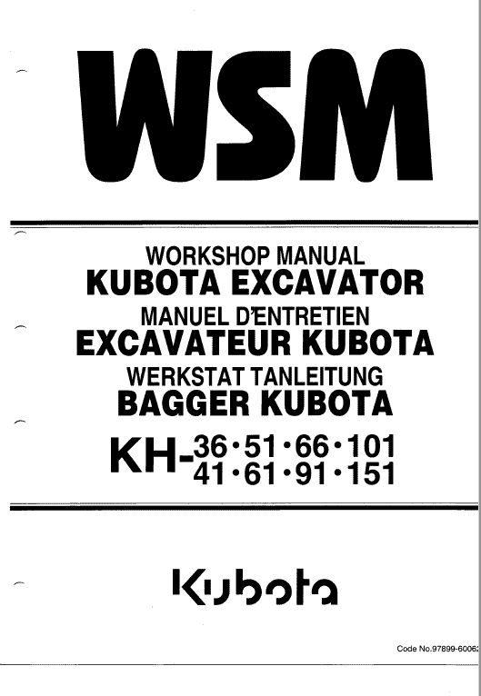 Kubota Kh36, Kh41, Kh51, Kh61 Excavator Workshop Manual