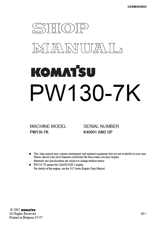 Komatsu Pw130-7k Excavator Service Manual