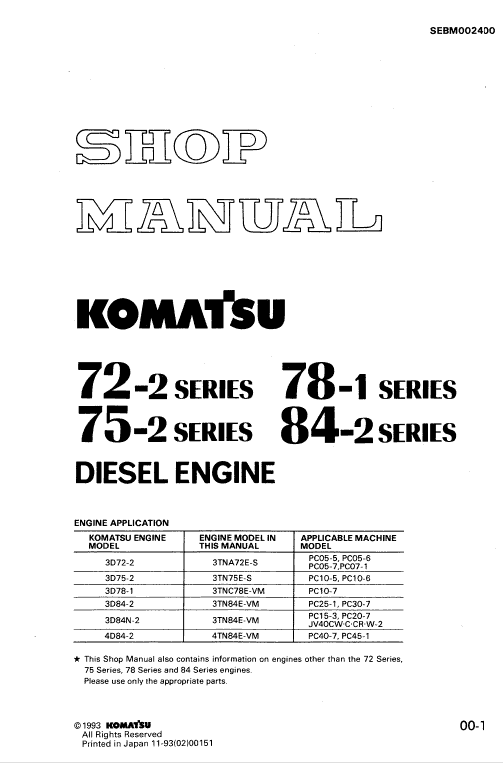 Komatsu 72-2, 75-2, 78-1, 84-2 Series Engine Manual