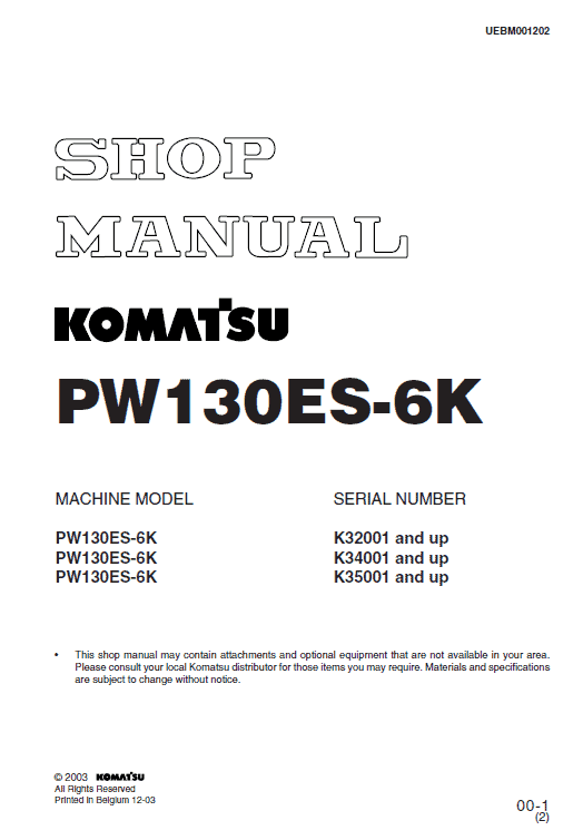 Komatsu Pw130es-6k Excavator Service Manual