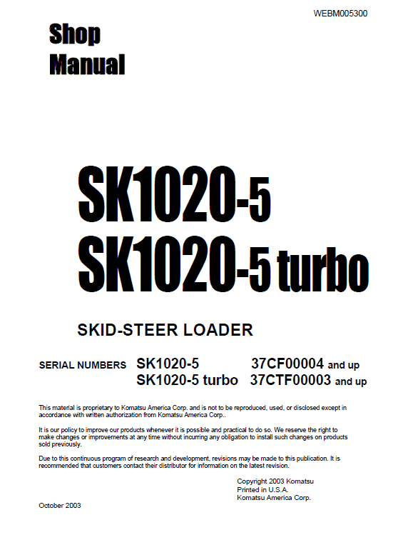 Komatsu Sk1020-5 Skid-steer Loader Service Manual