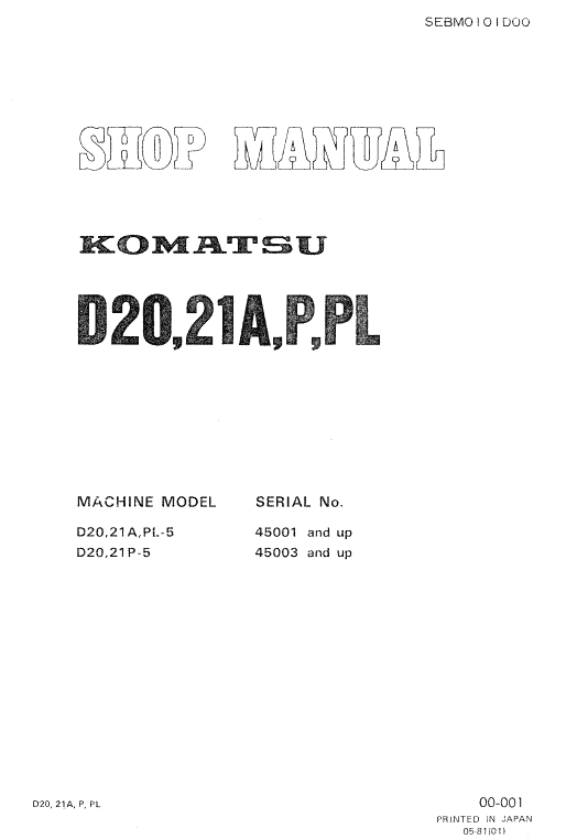 Komatsu D20-5, D21a-5,  D21p-5, D21pl-5 Dozer Service Manual