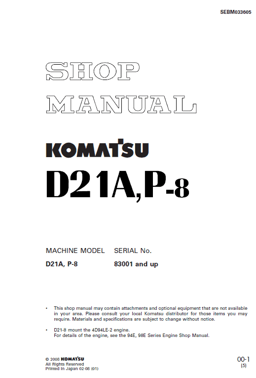 Komatsu D21a-8 And D21p-8 Dozer Service Manual