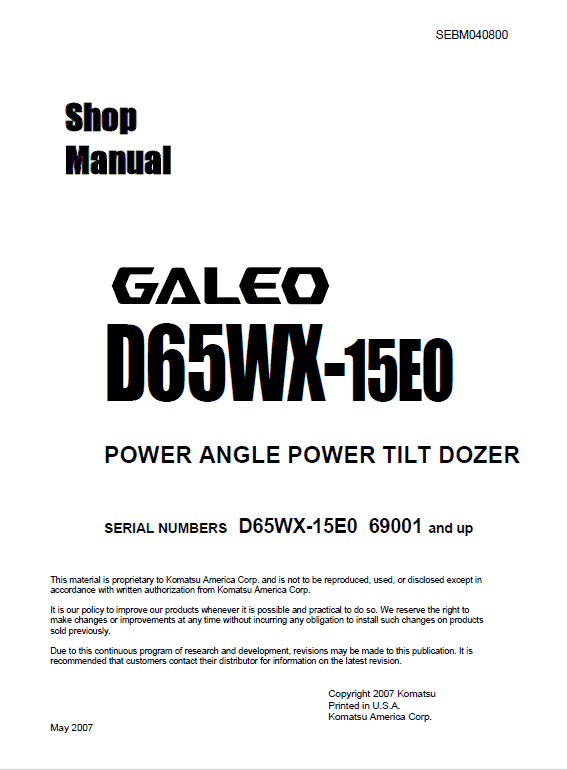 Komatsu D65wx-15e0 Dozer Service Manual