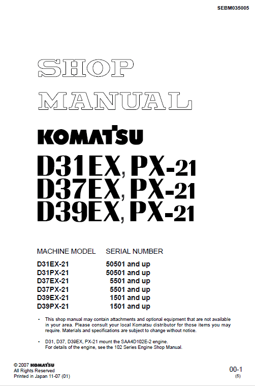 Komatsu D31ex-21, D31px-21, D37ex-21, D37px-21 Dozer Manual