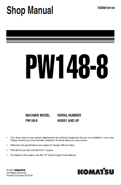 Komatsu Pw148-8 Excavator Service Manual