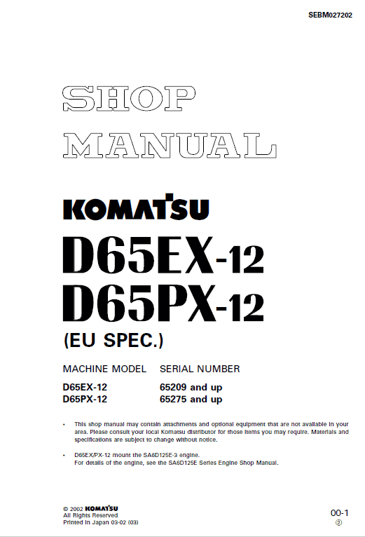 Komatsu D65ex-12, D65px-12, D65e-12, D65p-12 Dozer Manual