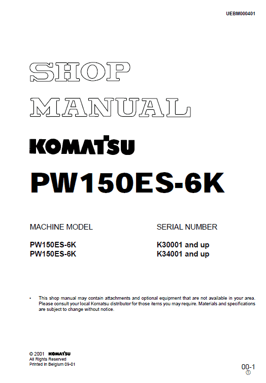 Komatsu Pw150es-6k Excavator Service Manual