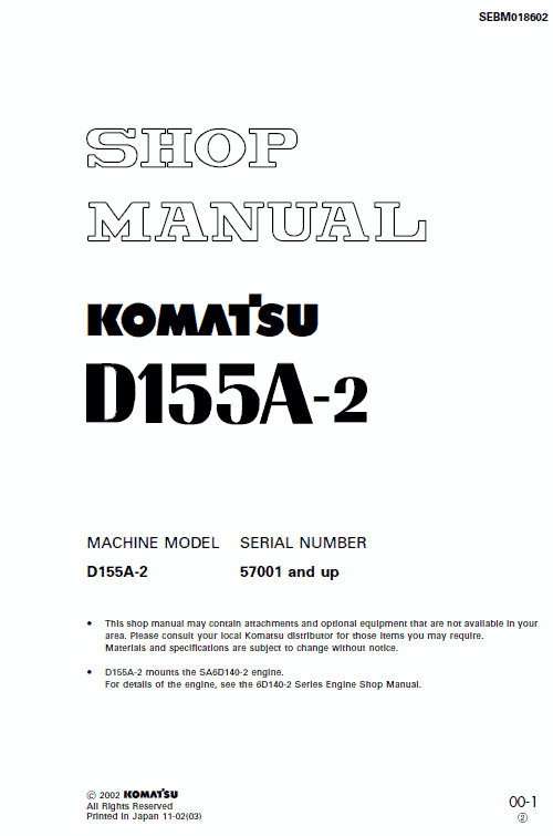 Komatsu D155a-2 Dozer Service Manual