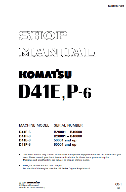 Komatsu D41e-6, D41p-6 Dozer Service Manual