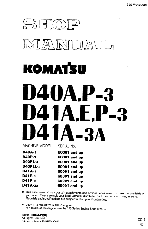 Komatsu D41a-3, D41e-3, D41p-3, D41a-3a Dozer Service Manual