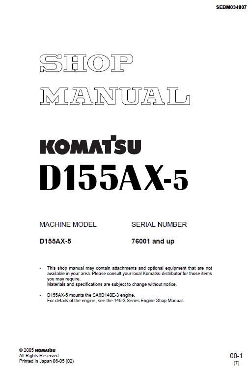 Komatsu D155ax-5 Dozer Service Manual