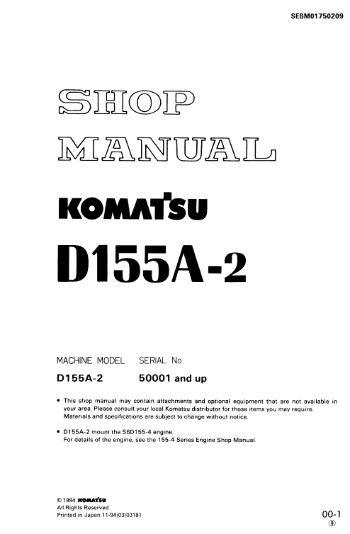 Komatsu D155a-2 Dozer Service Manual