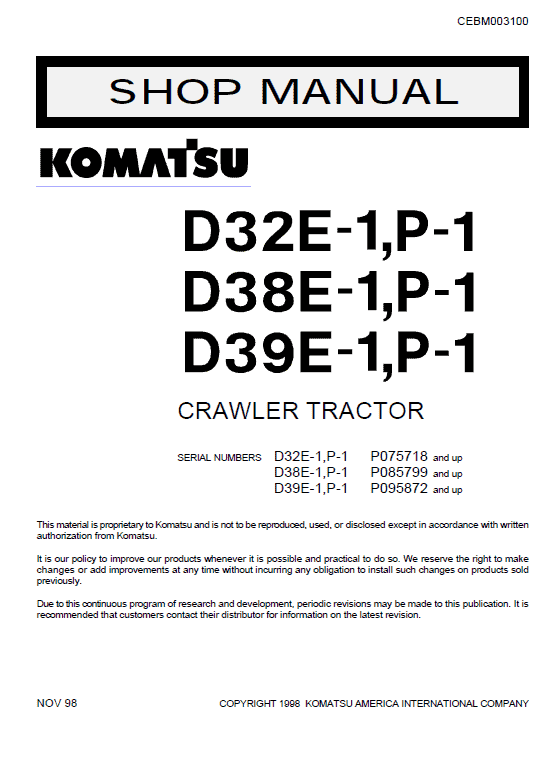 Komatsu D32e-1, D38e-1, D39e-1 Dozer Service Manual