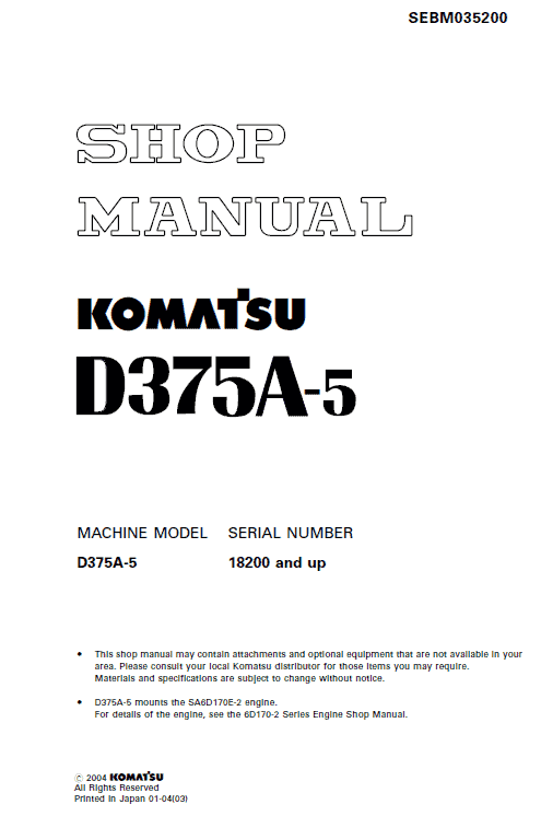 Komatsu D375a-5, D375a-5e0 Dozer Service Manual