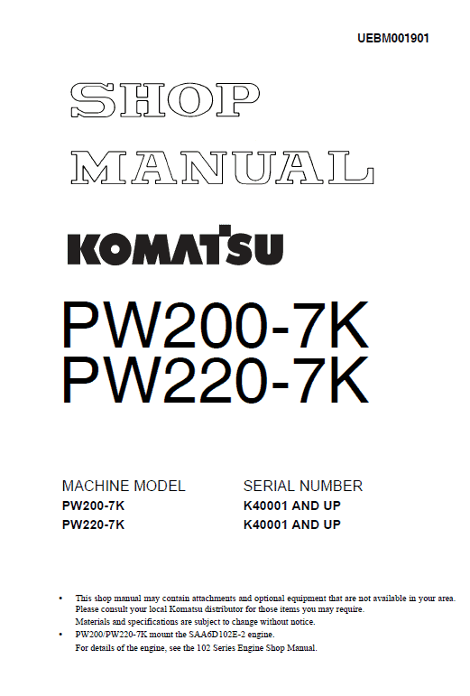 Komatsu Pw200-7 And Pw220-7 Excavator Service Manual