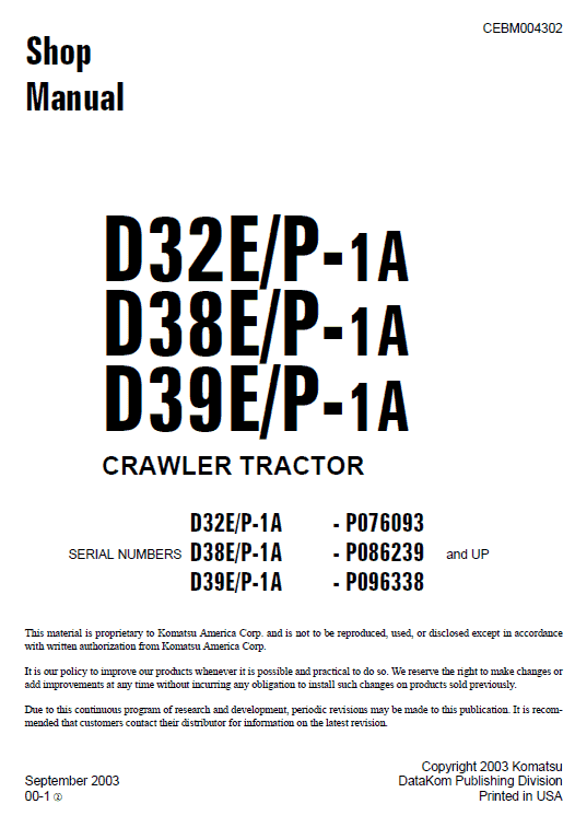 Komatsu D32p-1, D38p-1, D39p-1 Dozer Service Manual