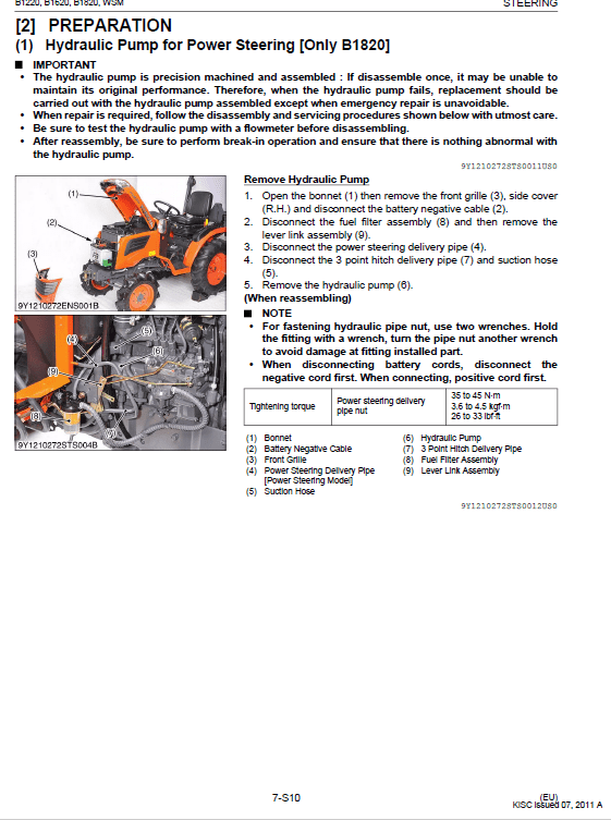 Kubota B1220, B1620, B1820 Tractor Workshop Manual