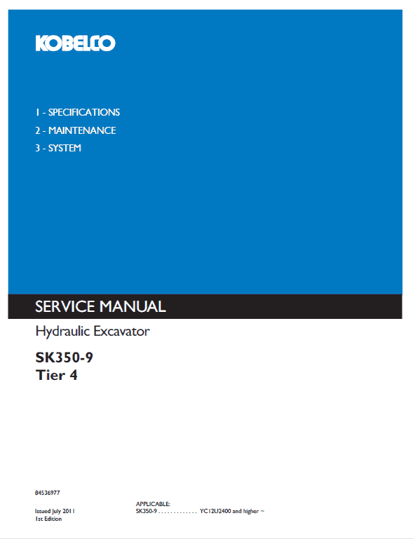 Kobelco Sk350-9 Tier 4 Excavator Service Manual