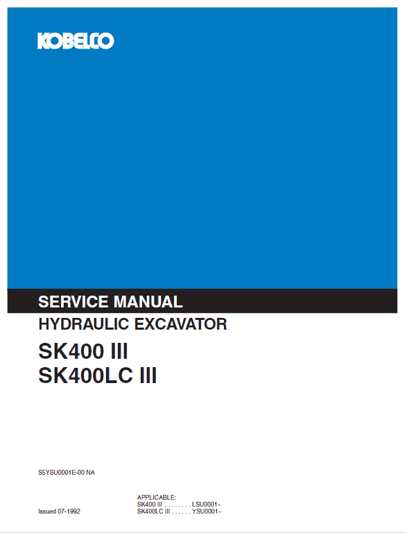 Kobelco Sk400-iii, Sk400lc-iii Excavator Service Manual