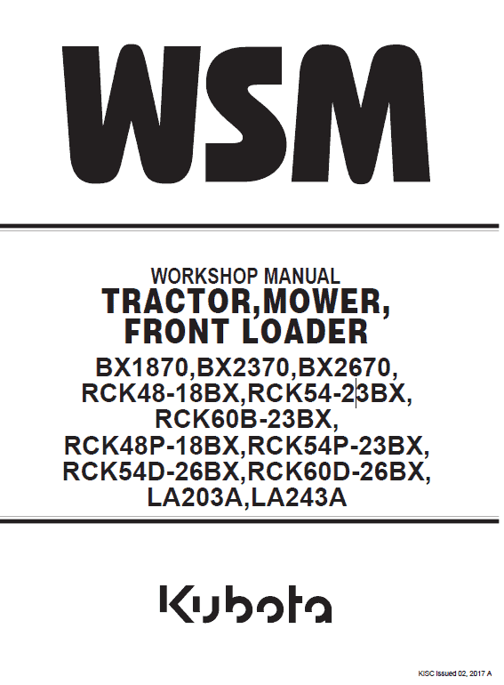 Kubota Bx1870, Bx2370, Bx2670 Tractor Loader Workshop Manual