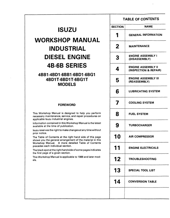 Isuzu 4bb1, 4bd1, 4bd1t Engine Workshop Service Manual