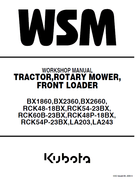 Kubota Bx1860, Bx2360, Bx2660, La203, La243 Tractor Loader Manual