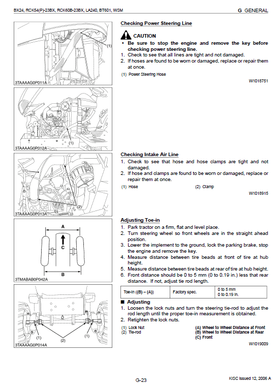 Kubota Bx24, La240, Bt601 Tractor Loader Workshop Manual