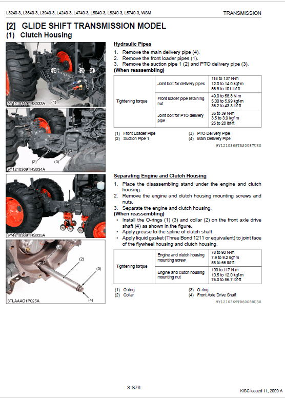 Kubota L3240-3, L3540-3, L3940-3, L4240-3 Tractor Workshop Manual