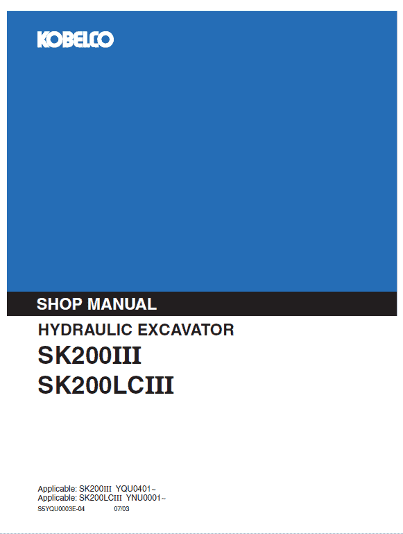 Kobelco Sk200-3, Sk200lc-3 Excavator Service Manual