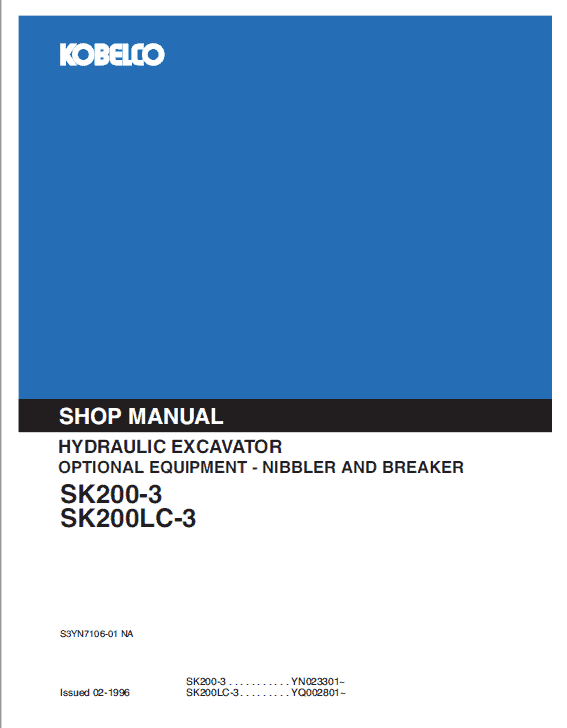 Kobelco Sk200-3, Sk200lc-3 Excavator Service Manual