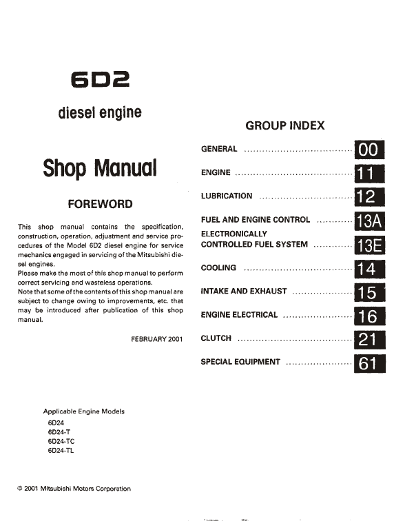 Mitsubishi 6d24, 6d24-t, 6d25-tc Engine Workshop Service Manual