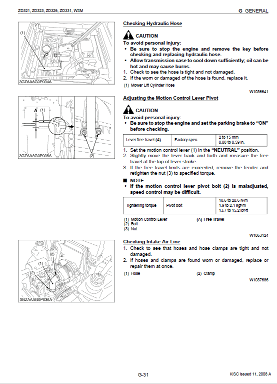 Kubota Zd321, Zd323, Zd326, Zd331 Mower Workshop Service Manual