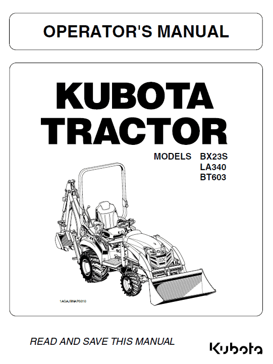 Kubota Bx23s, La340, Bt603 Tractor Loader Workshop Manual