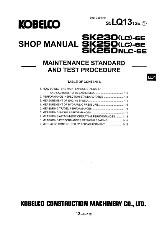 Kobelco Sk250lc-6e Excavator Service Manual