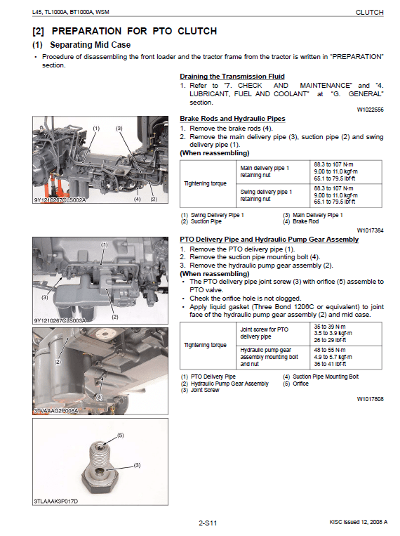 Kubota L45, Tl1000a, Bt1000a Tractor Front Loader Workshop Manual