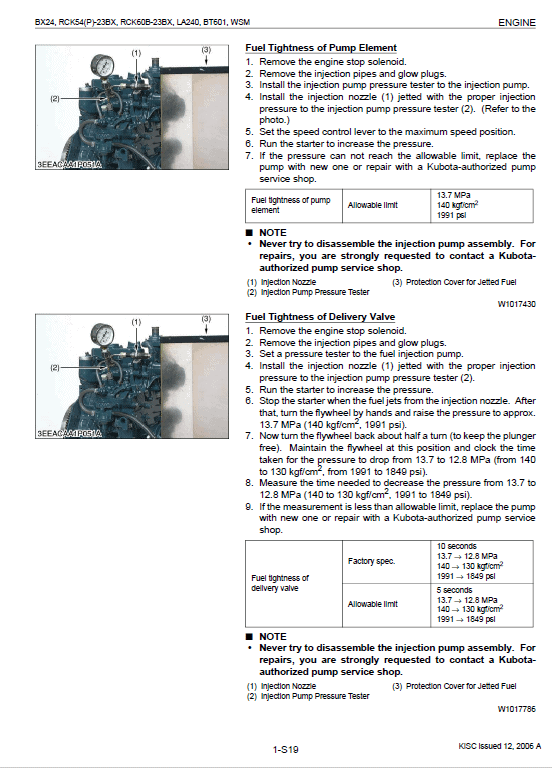 Kubota Bx24, La240, Bt601 Tractor Loader Workshop Manual