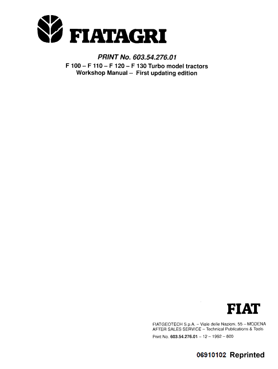 Fiat F100, F110, F120, F130 Tractor Workshop Service Manual