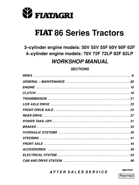 Fiat 50v, 55v, 55f, 60v, 60f, 62f Tractor Service Manual