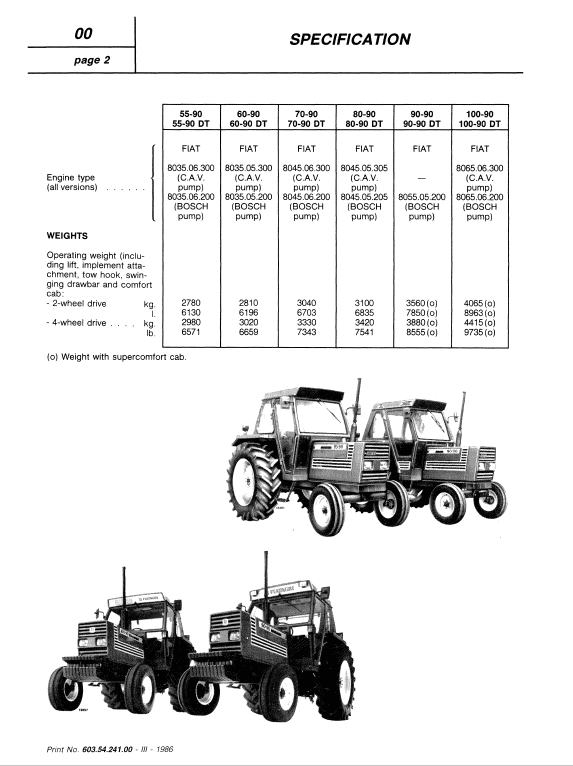 Fiat 50-90, 60-90, 70-90, 80-90, 90-90, 100-90 Tractor Service Manual