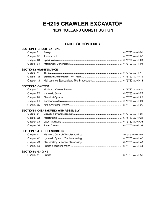 New Holland Eh215 Crawler Excavator Service Manual