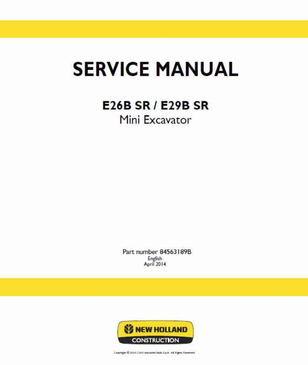 New Holland E26b Sr, E29b Sr Mini Excavator Service Manual