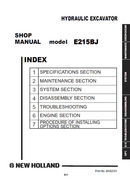 New Holland E215bj Excavator Service Manual