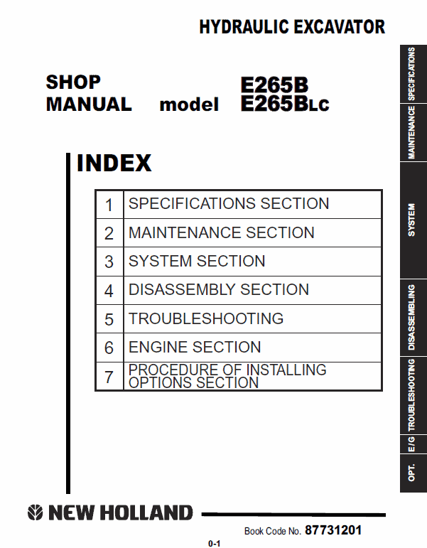 New Holland E265b, E265blc Excavator Service Manual